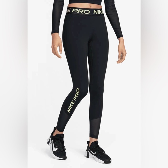 Nike Pro Mid-rise Full-length Leggings black/neon yellow size Extra small - Picture 1 of 7